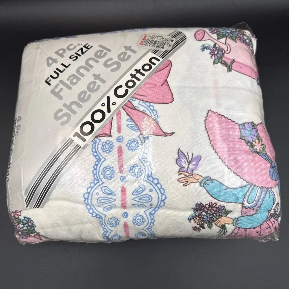 New Old Stock Flannel Sheet Set Little Girl Bows Cottagecore Full Size Vintage